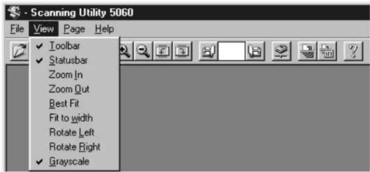 Scanning Utility 5060 File View Page Help ✓ Toolbar ✓ Statusbar Zoom In Zoom Out Best Fit Fit to width Rotate Left Rotate Right ✓ Grayscale