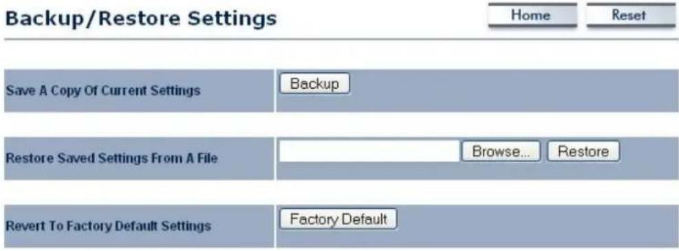 Backup/Restore Settings Home Reset Save A Copy Of Current Settings Backup Restore Saved Settings From A File Browse... Restore Revert To Factory Default Settings Factory Default