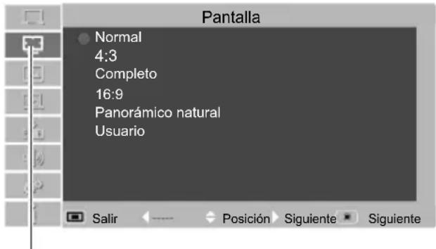 Pantalla Normal 4:3 Completo 16:9 Panorámico natural Usuario Salir ← ———— Posición Siguiente Siguiente
