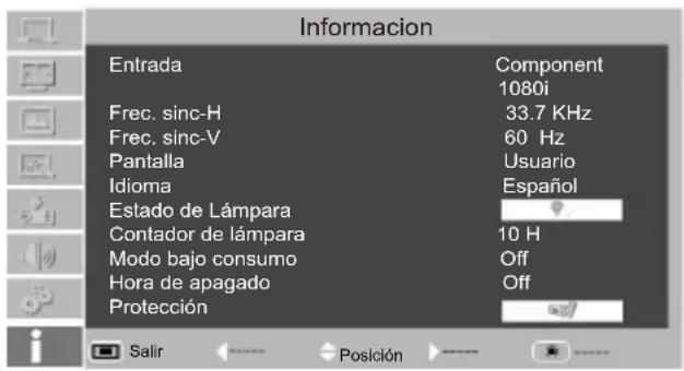 Informacion Entrada Component 1080i Frec. sinc-H 33.7 KHz Frec. sinc-V 60 Hz Pantalla Usuario Idioma Español Estado de Lámpara Contador de lámpara 10 H Modo bajo consumo Off Hora de apagado Off Protección Salir Posición