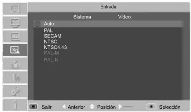 Entrada Sistema Video Auto PAL SECAM NTSC NTSC4.43 PAL-M PAL-N Salir Anterior Posición Selección