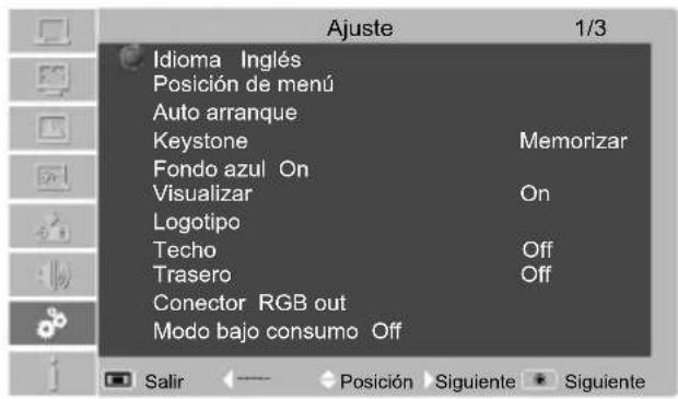 Ajuste 1/3 Idioma Inglés Posición de menú Auto arranque Keystone Memorizar Fondo azul On Visualizar On Logotipo Techo Off Trasero Off Conector RGB out Modo bajo consumo Off Salir ← Posición Siguiente Siguiente