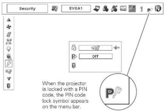 Security SVGA1 When the projector is locked with a PIN code, the PIN code lock symbol appears on the menu bar.