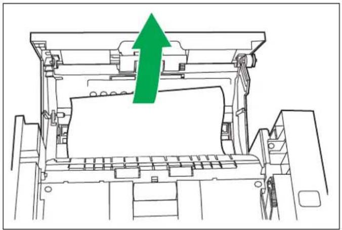 Technical line drawing of a printer internal structure with a green arrow indicating upward motion (no text or symbols)