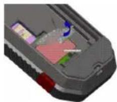 3D rendered diagram of a device casing with internal components and a blue arrow indicating rotation (no text or symbols)