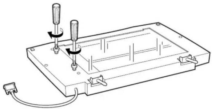 Technical line drawing of a mechanical device with three screwdrivers and a base plate (no text or symbols)