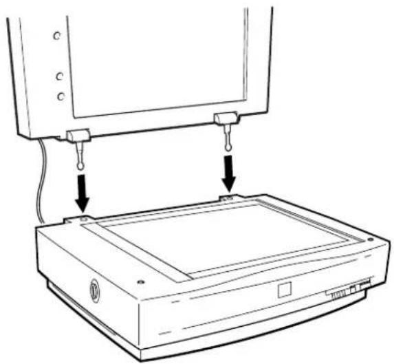 Line drawing of a device with two arrows pointing to a screen and a base panel (no text or symbols)