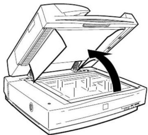 Line drawing of an open scanner with a black arrow indicating compression or disassembly (no text or symbols)