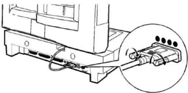 Diagram of a computer monitor with cable and connector, showing internal wiring and a magnified view of the device (no text or symbols present)