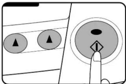 Diagram showing two circular buttons with upward-pointing triangles and a finger pressing a button, illustrating a process or control interface.