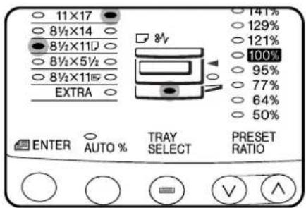 11×17 8½×14 8½×11 8½×5½ 8½×11 EXTRA 8V 141% 129% 121% 100% 95% 77% 64% 50% ENTER AUTO % TRAY SELECT PRESET RATIO