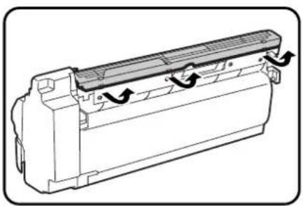 Technical line drawing of a rectangular air conditioner unit with ventilation ducts and mounting brackets (no text or symbols)