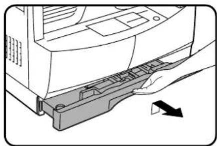 Illustration of a hand pressing down on a printer's tray with a directional arrow (no text or symbols)