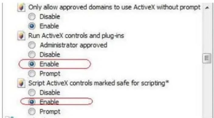 Only allow approved domains to use ActiveX without prompt Disable Enable Run ActiveX controls and plug-ins Administrator approved Disable Enable Prompt Script ActiveX controls marked safe for scripting* Disable Enable Prompt