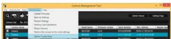 Camera Management Tool File Edit View Setup Help Update Forecasts Back to Settings Button Settings Memory Card Options Crystal Camera Authors the service to the initial settings Add to True Date Model Name: Primary Version: Serial Number: MAC Address: Reset Date VH-0736 12.4 VH-020 12.2 VH-020 12.1
