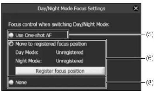 Day/Night Mode Focus Settings Focus control when switching Day/Night Mode: Use One-shot AF Move to registered focus position Day Mode: Unregistered Night Mode: Unregistered Register focus position None