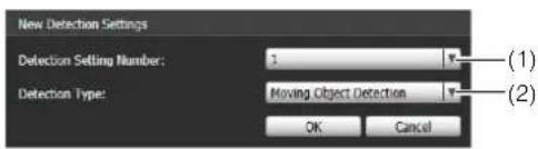 New Detection Settings Detection Setting Number: 1 Detection Type: Moving Object Detection OK Cancel (1) (2)