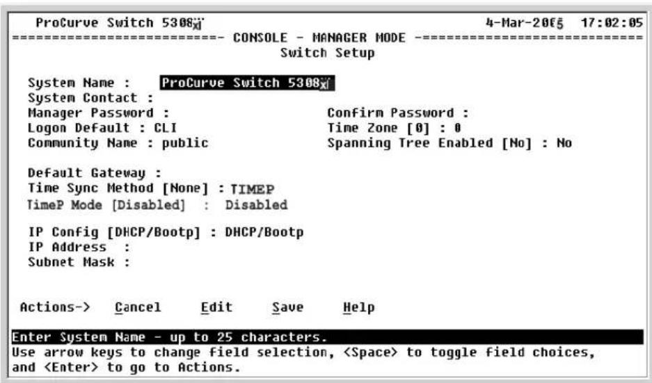 ProCurve Switch 5308x 4-Mar-20€5 17:02:05 ==================== CONSOLE - MANAGER MODE ==================== Switch Setup System Name : ProCurve Switch 5308x System Contact : Manager Password : Confirm Password : Logon Default : CLI Time Zone [0] : 0 Community Name : public Spanning Tree Enabled [No]…