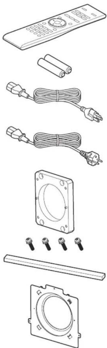Exploded view diagram of a home appliance showing components like remote control, cable, and electrical plug (no text or labels)