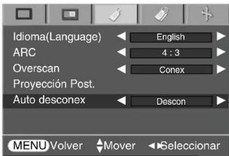 Idioma(Language) ARC Overscan Proyección Post. Auto desconex English 4 : 3 Conex Descon MENU Volver Mover Seleccionar