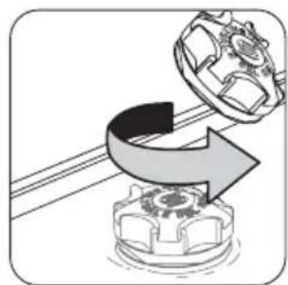 Mechanical assembly diagram showing gear and motor components with a rotating arrow (no text or symbols)