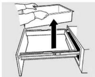 Illustration of a hand placing an open drawer into a tray with an upward arrow (no text or symbols)