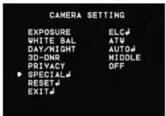 CAMERA SETTING EXPOSURE ELC# WHITE BAL AT# DAY/NIGHT AUTO# 3D-DNR MIDDLE PRIVACY OFF SPECIAL# RESET# EXIT#