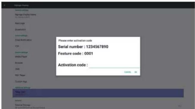 Please enter activation code Serial number : 1234567890 Feature code : 0001 Activation code : Cancel OK