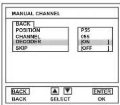 MANUAL CHANNEL BACK POSITION CHANNEL DECODER SKIP PSS 0SS ON OFF BACK SELECT ENTER OK