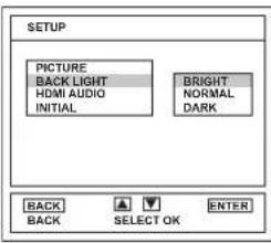 SETUP PICTURE BACK LIGHT HDMI AUDIO INITIAL BRIGHT NORMAL DARK BACK BACK SELECT OK ENTER