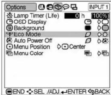Options Lamp Timer (Life) 0 h 100% OSD Display Background Eco Mode Auto Power Off Menu Position Center Menu Color