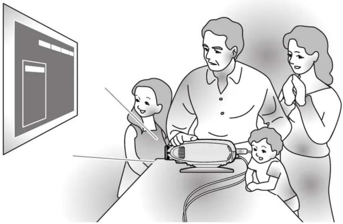 Illustration of a family gathered around a table with a power tool, watching a screen (no text or symbols visible)