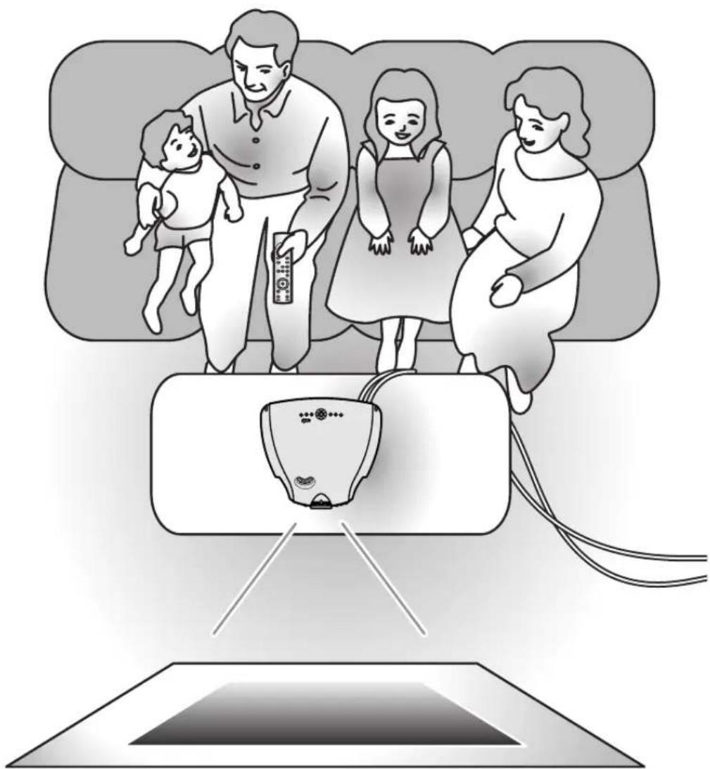 Illustration of a family watching television with a child, showing screen setup and TV screen (no text or symbols)