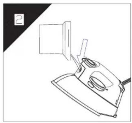 Line drawing of an iron (£) with a handle, showing mechanical components and a small box (no text or symbols)