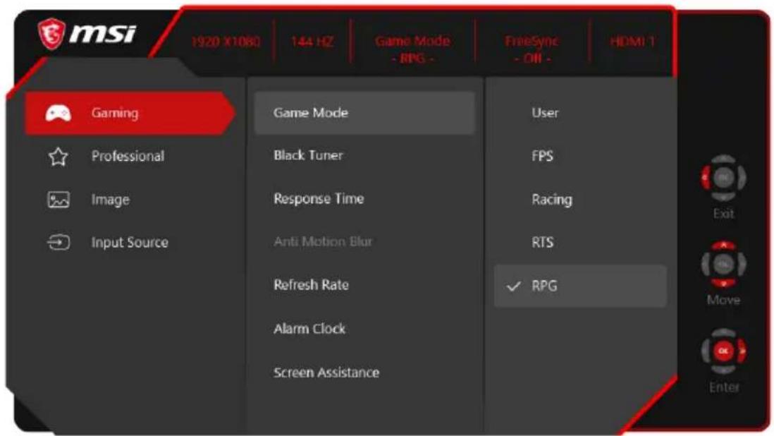 msi 1920 X1080 | 144 HZ | Game Mode - RPG - | FreeSync - ON - | HDMI T | Gaming Game Mode User Professional Black Tuner FPS Image Response Time Racing Anti Motion Blur RTS Input Source Refresh Rate ✓ RPG Alarm Clock Screen Assistance Exit Move Enter