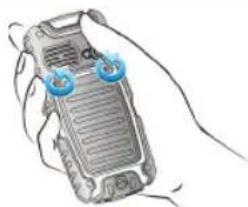 Illustration of a handheld electronic device with blue circular buttons on its side, held by fingers (no text or symbols visible)