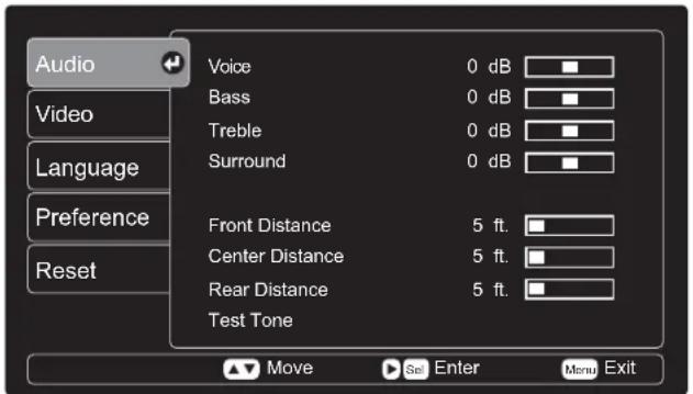 Audio Video Language Preference Reset Voice 0 dB Bass 0 dB Treble 0 dB Surround 0 dB Front Distance 5 ft. Center Distance 5 ft. Rear Distance 5 ft. Test Tone Move Enter Menu Exit