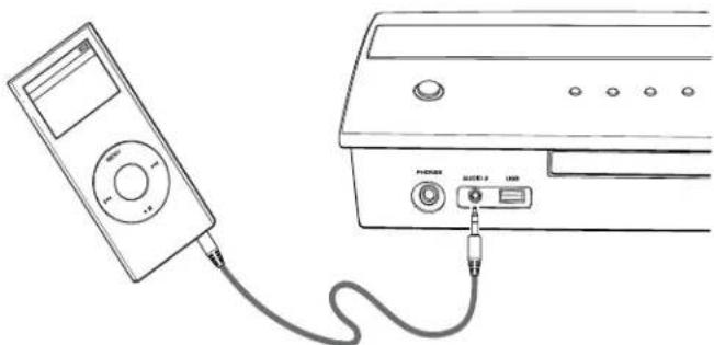 Line drawing of an audio device connected to a power supply unit (no text or symbols visible)