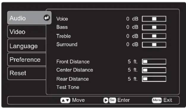Audio Video Language Preference Reset Voice 0 dB Bass 0 dB Treble 0 dB Surround 0 dB Front Distance 5 ft. Center Distance 5 ft. Rear Distance 5 ft. Test Tone Move Enter Menu Exit