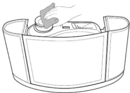 Line drawing of a hand placing a button into a cylindrical container (no text or symbols)