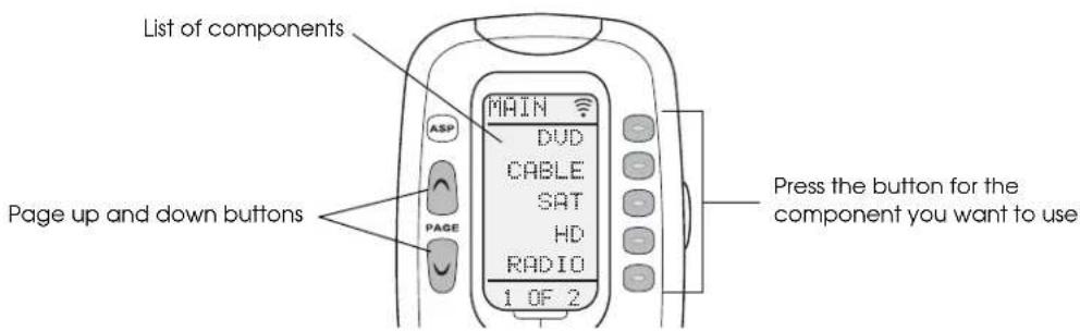 List of components Page up and down buttons ASP PAGE MAIN DVD CABLE SAT HD RADIO 1 OF 2 Press the button for the component you want to use