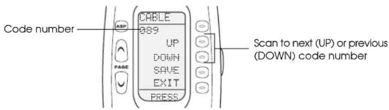 Code number ASP CABLE 889 UP DOWN SAVE EXIT PRESS PAGE Scan to next (UP) or previous (DOWN) code number