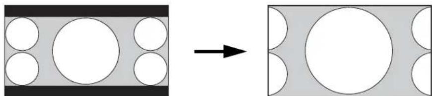 Diagram showing a transformation from a rectangular block with four circular holes to a larger grid with four semicircular holes (no text or symbols)