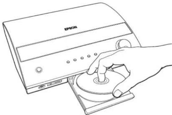 Line drawing of a hand pressing a button on an EPSON CD-ROM device (no text or symbols on the device itself)