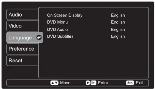 Audio Video Language Preference Reset On Screen Display English DVD Menu English DVD Audio English DVD Subtitles English