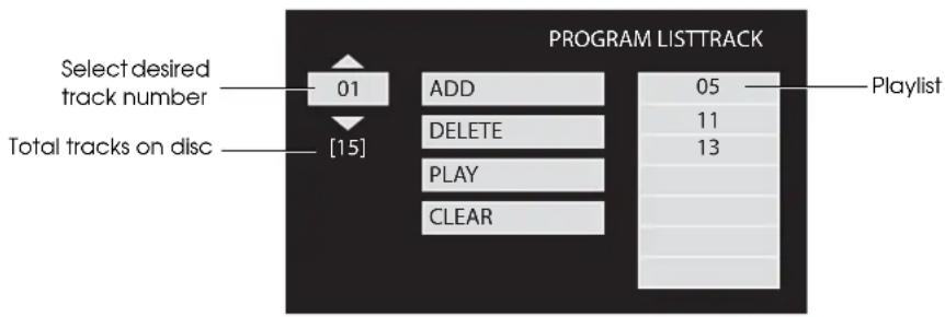 Select desired track number Total tracks on disc [15] 01 PROGRAM LISTTRACK ADD 05 DELETE 11 PLAY 13 CLEAR Playlist