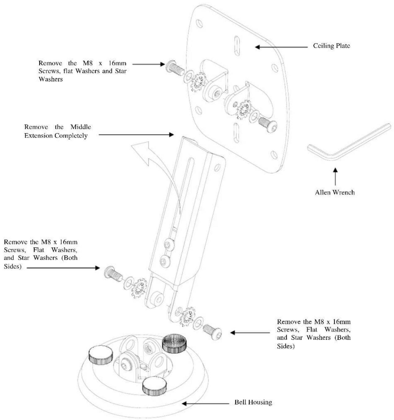 Ceiling Plate Remove the M8 x 16mm Screws, flat Washers and Star Washers Remove the Middle Extension Completely Allen Wrench Remove the M8 x 16mm Screws, Flat Washers, and Star Washers (Both Sides) Remove the M8 x 16mm Screws, Flat Washers, and Star Washers (Both Sides) Bell Housing