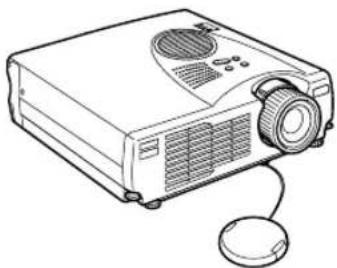 Line drawing of a projector with a circular base and ventilation grille (no text or symbols)