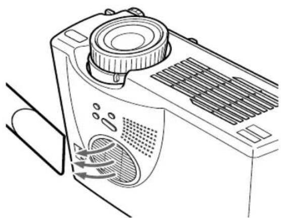 Line drawing of a portable projector with airflow indicators (no text or symbols)
