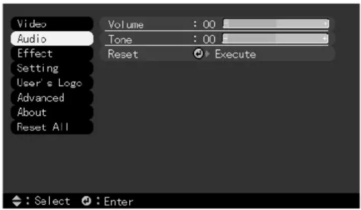 Video Audio Volume : 00 Tone : 00 Effect Reset Execute Setting User's Logo Advanced About Reset All : Select Enter